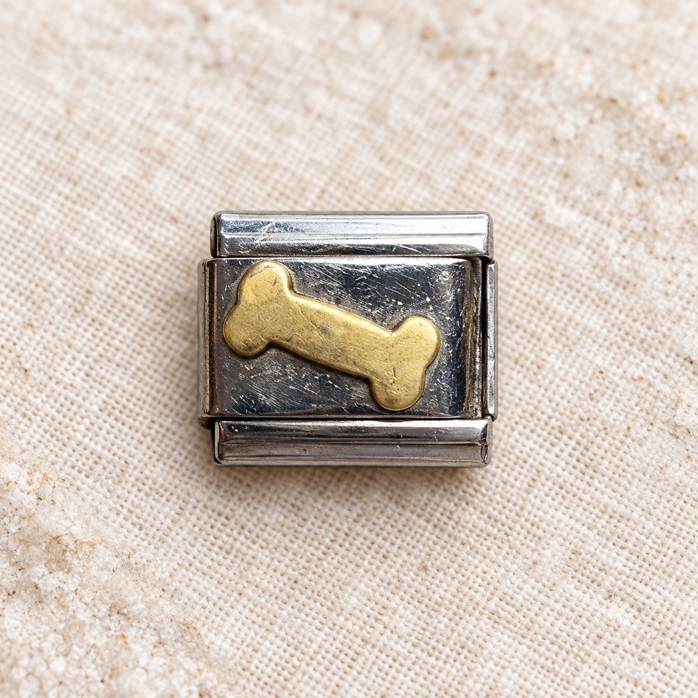 Italian Charm Bracelet Link Gold Tone Dog Bone Stainless Steel 9mm Jewelry